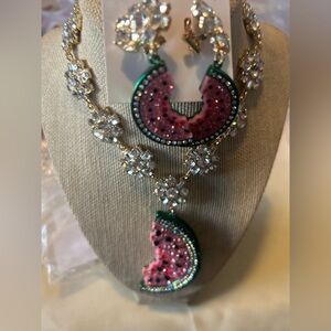 Betsey Johnson Watermelon Necklace with Pink and Green Accents with Earrings